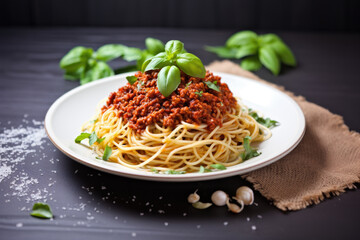 Delicious Spaghetti Bolognese with Fresh Basil and Parmesan on Rustic Table