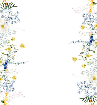 Watercolor green and yellow wild flowers, branches, leaves and twigs. Hand painted floral vertical seamless border frame. Summer meadow template.