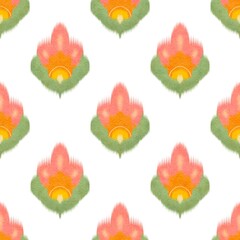 watercolor Ikat floral.Beautiful botanical on paper texture.Flower ethnic oriental seamless pattern traditional.Indian style design for texture, fabric, clothing, wrapping, print decoration.Hand paint