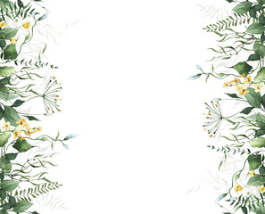 Watercolor green and yellow wild twigs, branches, leaves and flowers. Hand painted floral vertical seamless border frame.