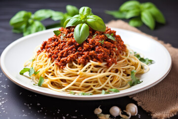 Homemade Spaghetti Bolognese with Fresh Basil and Grated Parmesan on Rustic Table