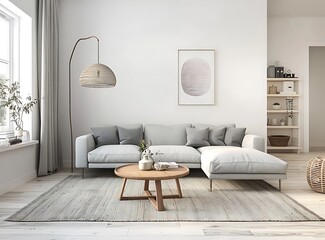 Modern living room with grey sofas, a wooden coffee table and floor lamp near a window 