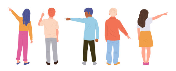 Back view of children cartoon characters pointing finger aside, forward or upwards isolated set