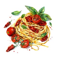 Handpainted Rustic Italian Spaghetti with Sun-Dried Tomatoes and Basil
