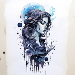 Woman surrounded by celestial symbols in intricate tattoo design