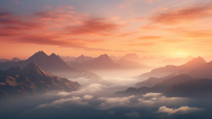 Obraz premium Breathtaking view of vibrant sunrise or sunset over rugged mountain peaks with clouds