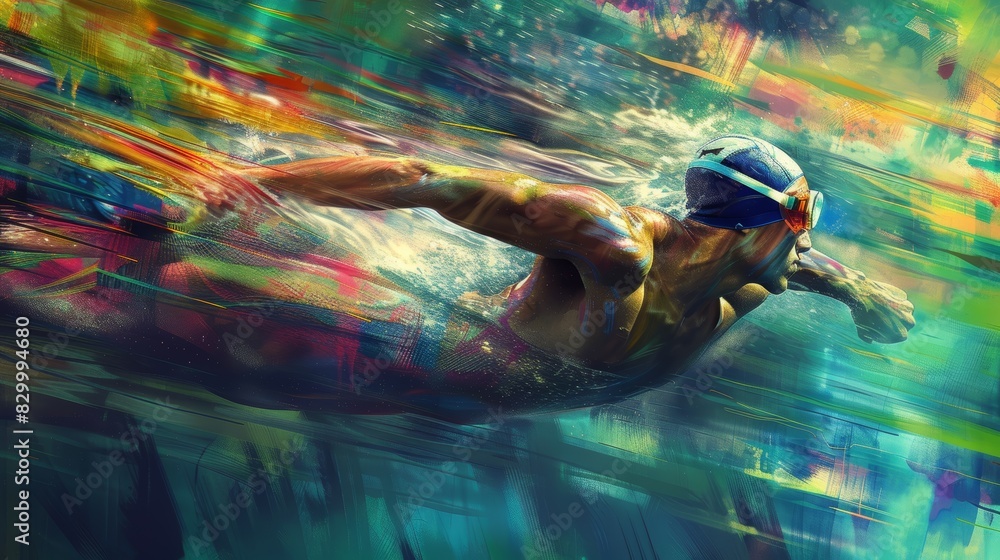 Poster Vibrant Artistic Rendering of a Swimmer in Motion with Abstract Colors and Shapes