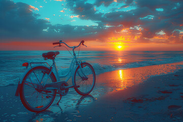 Naklejka premium A bicycle on the beach with the setting sun in the background, creating a silhouette and warm tones