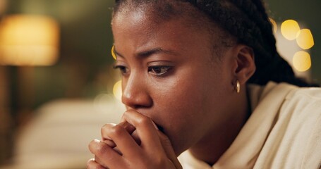 Anxiety, thinking and black woman in home with stress from financial loan, student debt and crisis....