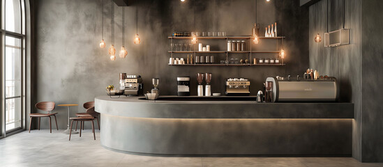 small modern grey industrial concept cafe coffee shop with round bar