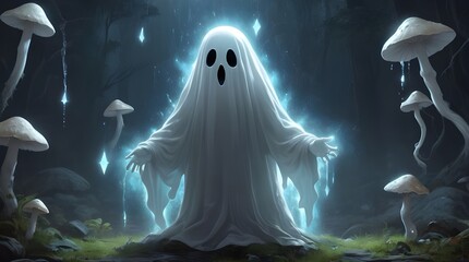  a ghost rising from another ghost and mushrooms glowing raining diamins