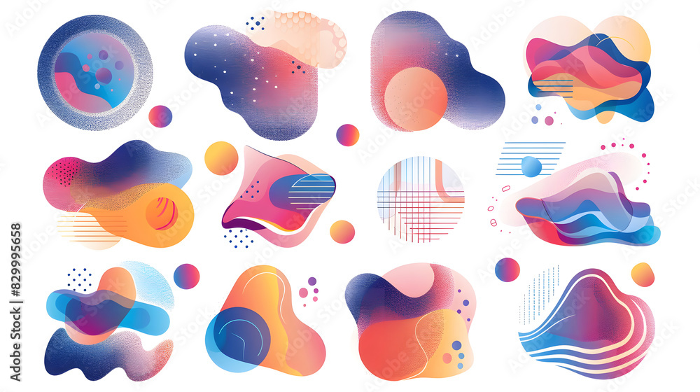 Poster set of abstract modern liquid forms and shapes with circles and dotted patterns. fluid flat color de