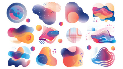 Set of abstract modern liquid forms and shapes with circles and dotted patterns. Fluid flat color design elements collection. Vector illustration. Generative AI.
