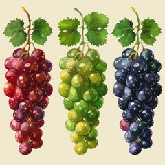 Fototapeta premium Colorful illustration of three clusters of grapes in different hues: red, green, and purple, with detailed leaves and realistic shading.