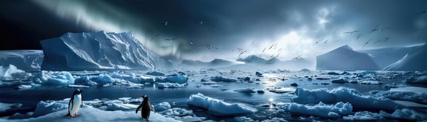 Stunning panoramic view of icy landscape with penguins, icebergs, and dramatic sky. Perfect for nature and wildlife projects.