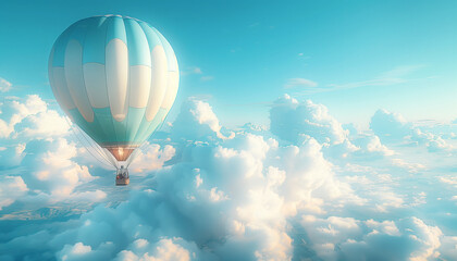 Fototapeta premium Hot air balloon voyage above clouds. Serene aerial journey. Tranquil sky exploration. Traveling and skies beauty concept.