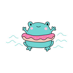 Cute cartoon frog with swimming ring. Kawaii froggie. Baby animal for childish stickers and prints. Cartoon summer character for kids. Flat childish illustration on a white background