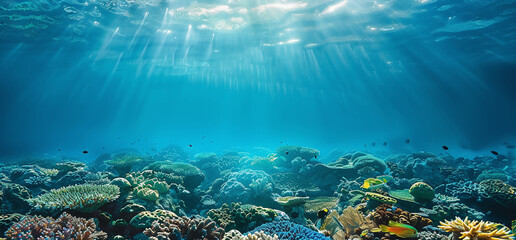Marine life banner with ocean floor, coral and sun shining through water