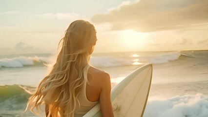 A female stands on the sandy beach, holding a surfboard with the ocean in the background.