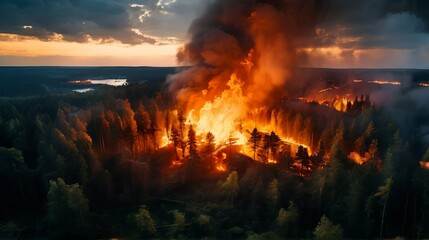 Fototapeta premium A strong fire in a large forest at dawn. View from above
