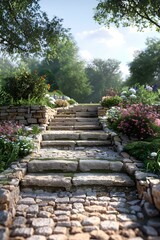 Stone steps lead into a lush garden