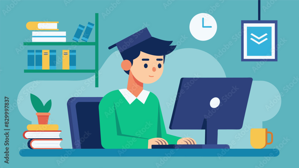 Poster a student works diligently in the computer lab researching and setting goals for their future career