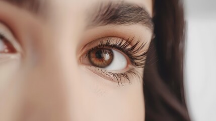 Close-up of a person's almond-shaped brown eye. Detailed eyelashes and eyebrow visible. Great for cosmetic and beauty themes. AI