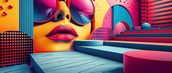 Realistic woman's face with sunglasses background, Pop art 3D illustration display.