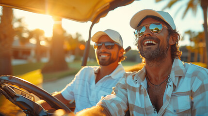 People on the golf course happy and smiling looking at the camera, sport golf and entertainment on the background of the sunset. Two friends of a business man in a golf car. generative ai