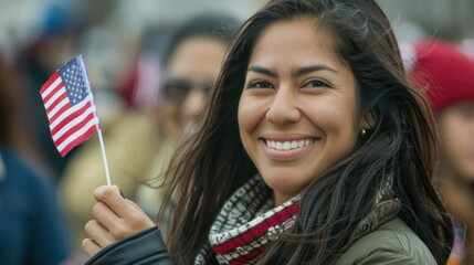 Happy smiling Female immigrant holding a small US flag the day of her naturalization ceremony. S