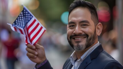Happy smiling handsome immigrant holding a small US flag the day of her naturalization ceremony.