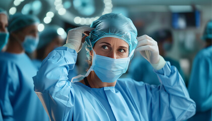 Focused Female Surgeon Preparing for Surgery female surgeon adjusts protective gear in operating room, ready to perform procedure.Eyes convey concentration, professionalism amidst surgical environment - Powered by Adobe