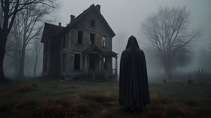 Scary ghost in a hooded cloak on the background of a lonely ruined house in the fog. Abandoned haunted house scene as spooky Halloween concept. Generative AI