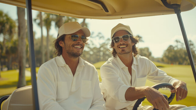 People on the golf course happy and smiling looking at the camera, sport golf and entertainment on the background of the sunset. Two friends of a business man in a golf car. generative ai