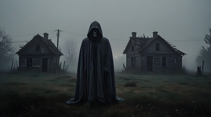 Scary ghost in a hooded cloak on the background of a lonely ruined house in the fog. Abandoned haunted house scene as spooky Halloween concept. Generative AI
