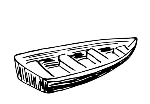 recommend clip art: Simple black outline vector drawing. Old wooden boat, recreation and fishing. Sketch in ink.