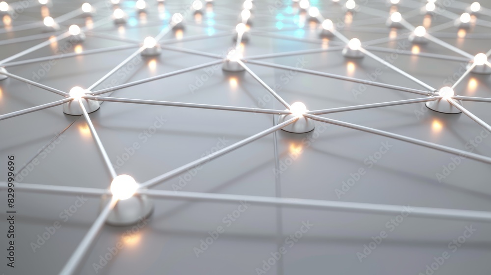 Poster network of interconnected light bulbs on a reflective surface, creating a web-like structure with il
