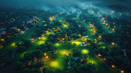 View of a huge luxury golf course, drone view. The golf club is located in a recreation area, outdoor sports. Golf course  sunset and the big city with the river at night. generative ai