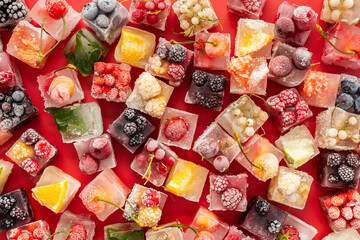 Ice cubes with frozen berries and fruits and mint on a red background