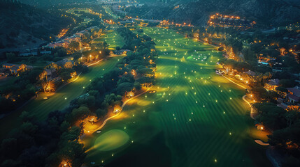 Obraz premium View of a huge luxury golf course, drone view. The golf club is located in a recreation area, outdoor sports. Golf course nsunset and the big city with the river at night. generative ai