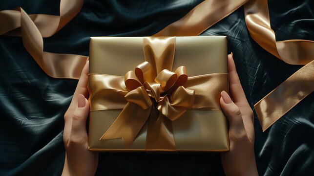 Close-up of hands holding a beautifully wrapped golden gift box with a ribbo