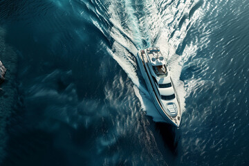 Fototapeta premium Ultra-realistic photograph of a luxury yacht in the sea, viewed from a high angle
