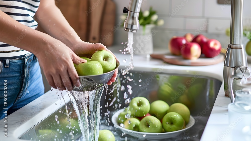 Poster Woman washing green apples in kitchen sink. Fresh fruit preparation. Concept of healthy living and good hygiene. Home setting with natural light. AI