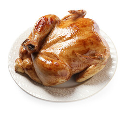 One tasty roasted chicken isolated on white