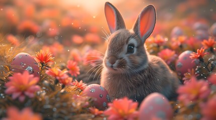 A cute bunny surrounded by colorful Easter eggs and spring flowers, symbolizing the spirit of Easter List of Art Media digital art - Powered by Adobe