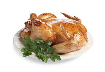 Tasty roasted chicken with parsley isolated on white