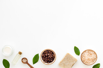Spa cosmetic set with coffee soap and essential oil, top view