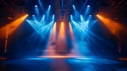 Dimly lit empty stage with vibrant blue and orange spotlights, foggy effects for live performance in club
