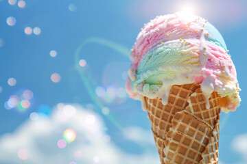 a close up of a ice cream cone with the sun shining on it