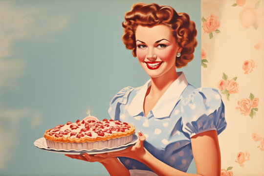 a vintage 1950s kitchen advertisement with a cheerful housewife holding a pie